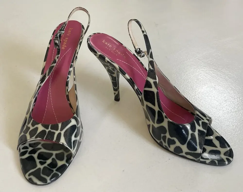 Kate Spade NY Heels Womens Size 9.5 B Slingback Black White Giraffe Stiletto